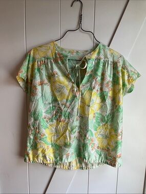 Vintage Floral Tie-Neck Blouse - Green, Yellow & Peach